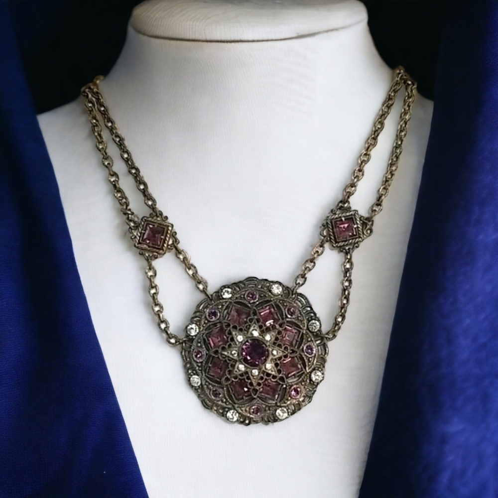 Vintage Antique 1920s Art Deco Gold Tone Brass Rhinestone Medallion Necklace